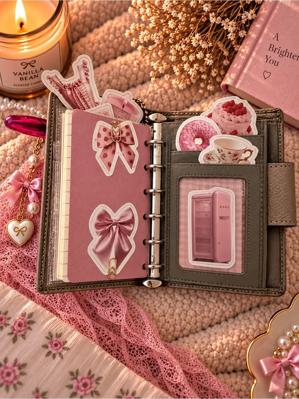 Coach Taupe Leather Card Holder with Pink Bow Charm and Hot Pink Pen